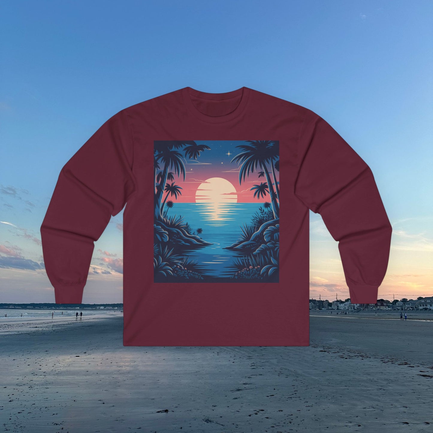 Tropical Sunset Long Sleeve Tee, Unisex Ocean Vibes Shirt, Beachwear for Summer, Relaxing Gift for Ocean Lovers, Nostalgic T-Shirt