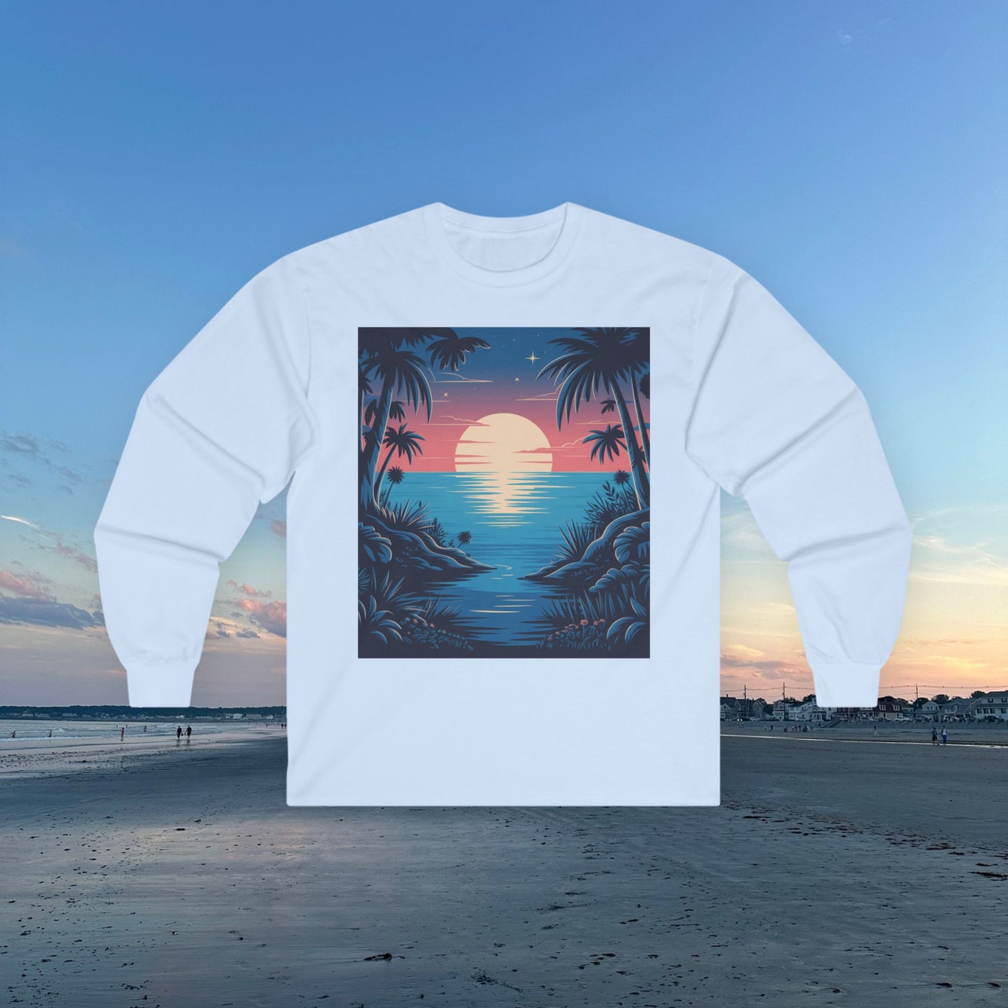 Tropical Sunset Long Sleeve Tee, Unisex Ocean Vibes Shirt, Beachwear for Summer, Relaxing Gift for Ocean Lovers, Nostalgic T-Shirt