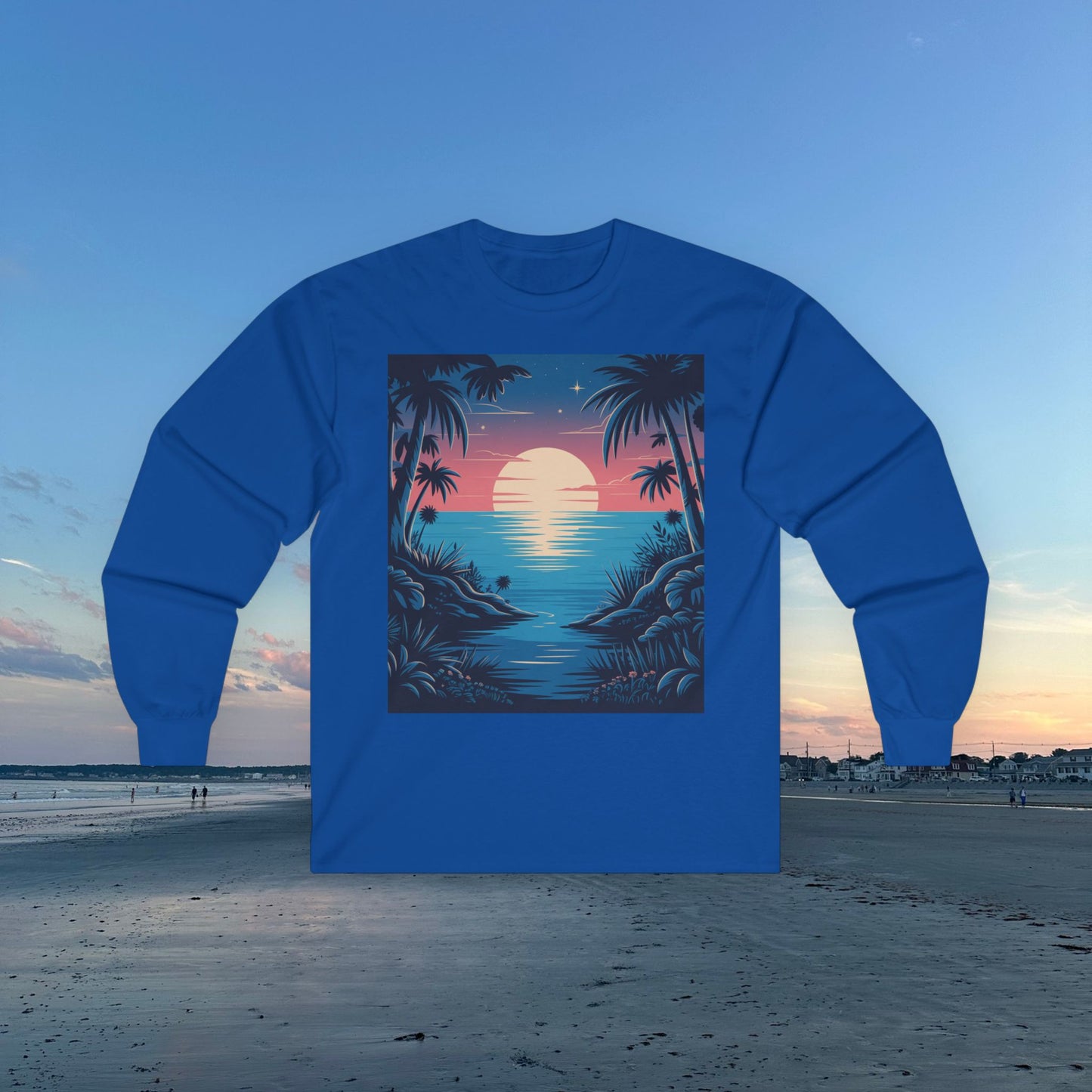 Tropical Sunset Long Sleeve Tee, Unisex Ocean Vibes Shirt, Beachwear for Summer, Relaxing Gift for Ocean Lovers, Nostalgic T-Shirt