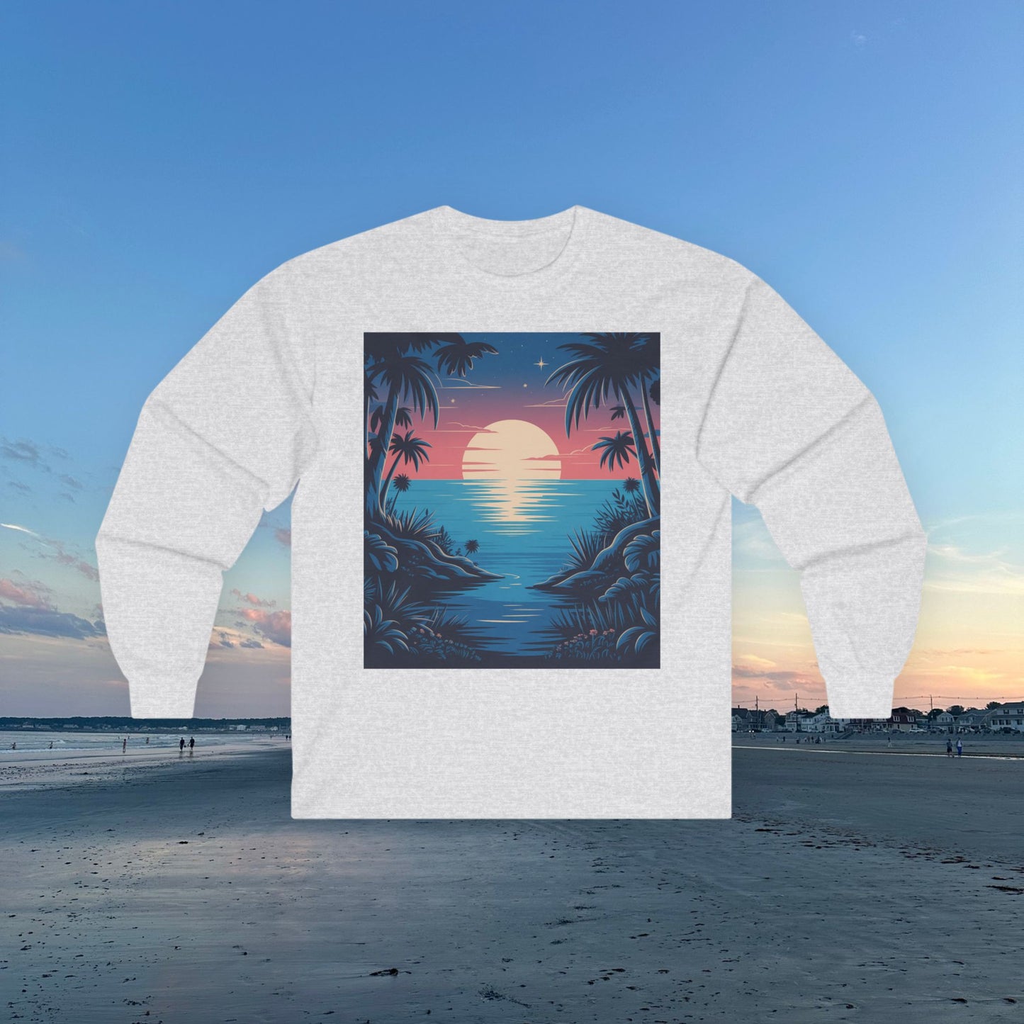 Tropical Sunset Long Sleeve Tee, Unisex Ocean Vibes Shirt, Beachwear for Summer, Relaxing Gift for Ocean Lovers, Nostalgic T-Shirt