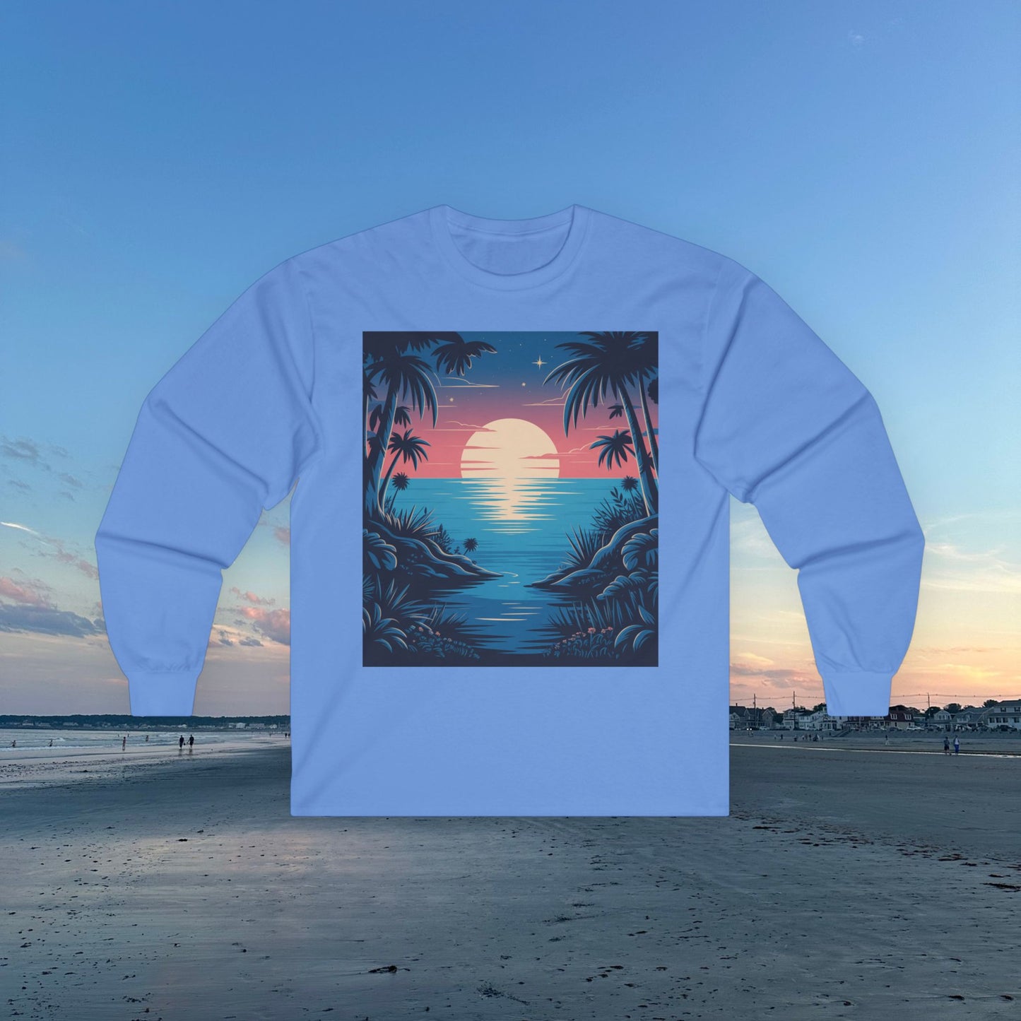 Tropical Sunset Long Sleeve Tee, Unisex Ocean Vibes Shirt, Beachwear for Summer, Relaxing Gift for Ocean Lovers, Nostalgic T-Shirt