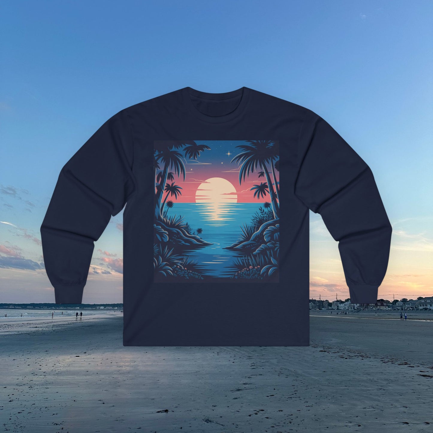 Tropical Sunset Long Sleeve Tee, Unisex Ocean Vibes Shirt, Beachwear for Summer, Relaxing Gift for Ocean Lovers, Nostalgic T-Shirt