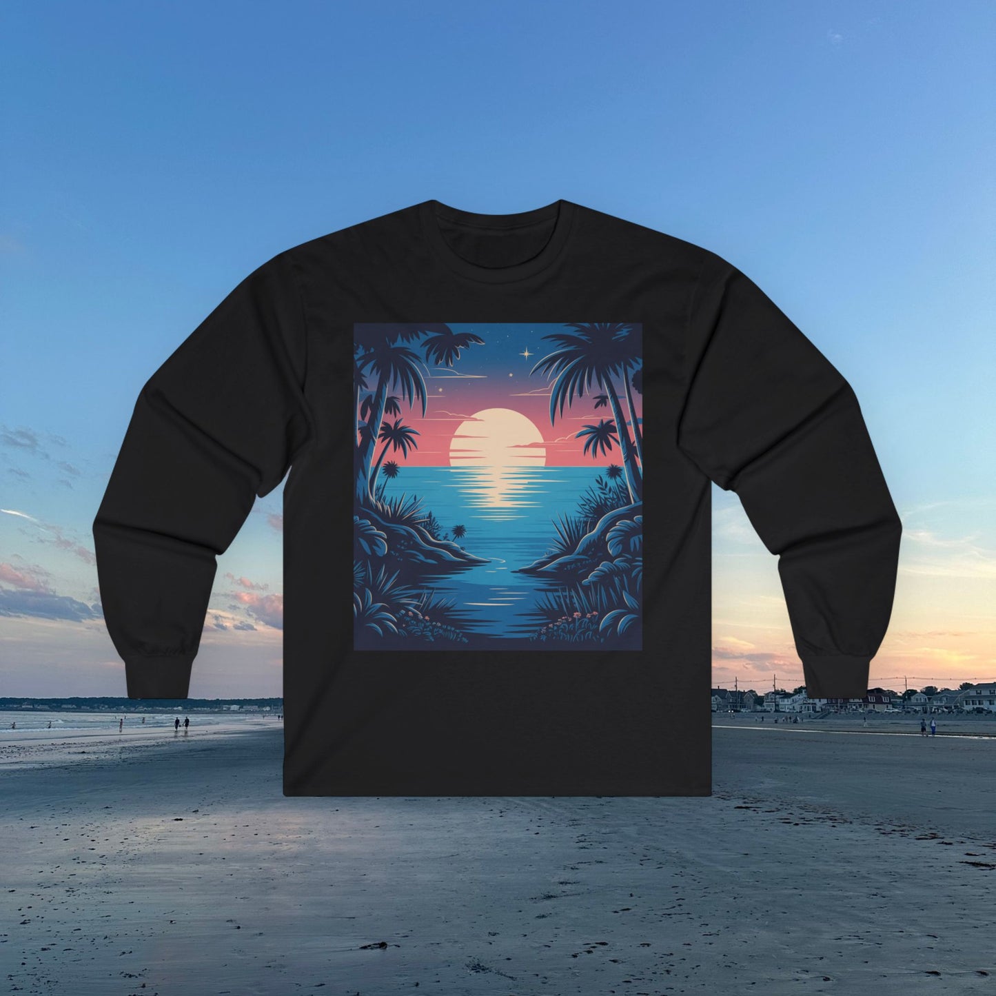 Tropical Sunset Long Sleeve Tee, Unisex Ocean Vibes Shirt, Beachwear for Summer, Relaxing Gift for Ocean Lovers, Nostalgic T-Shirt