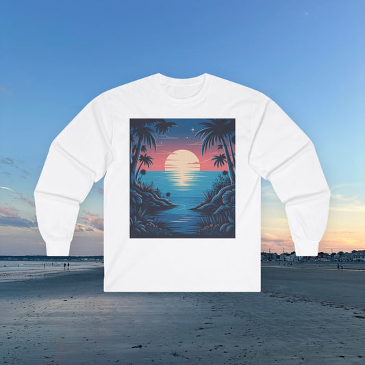 Tropical Sunset Long Sleeve Tee, Unisex Ocean Vibes Shirt, Beachwear for Summer, Relaxing Gift for Ocean Lovers, Nostalgic T-Shirt