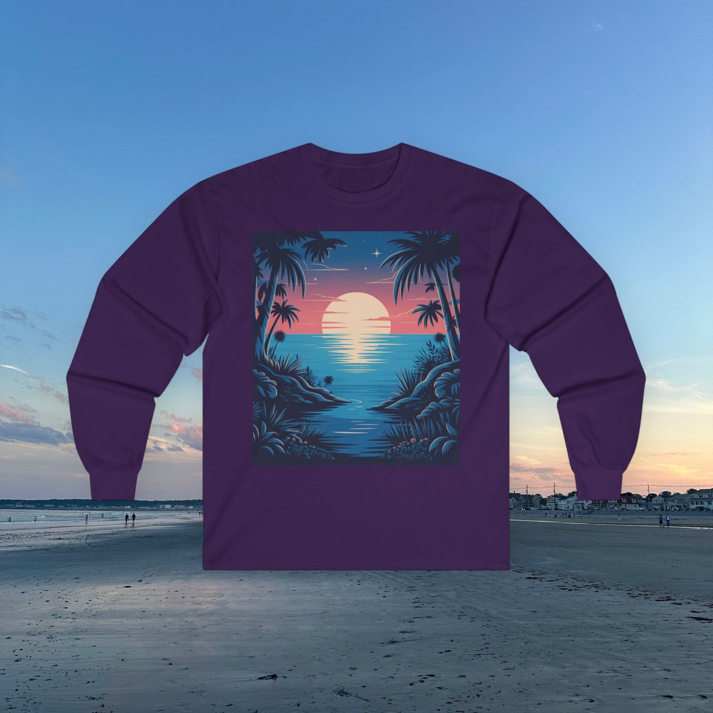 Tropical Sunset Long Sleeve Tee, Unisex Ocean Vibes Shirt, Beachwear for Summer, Relaxing Gift for Ocean Lovers, Nostalgic T-Shirt
