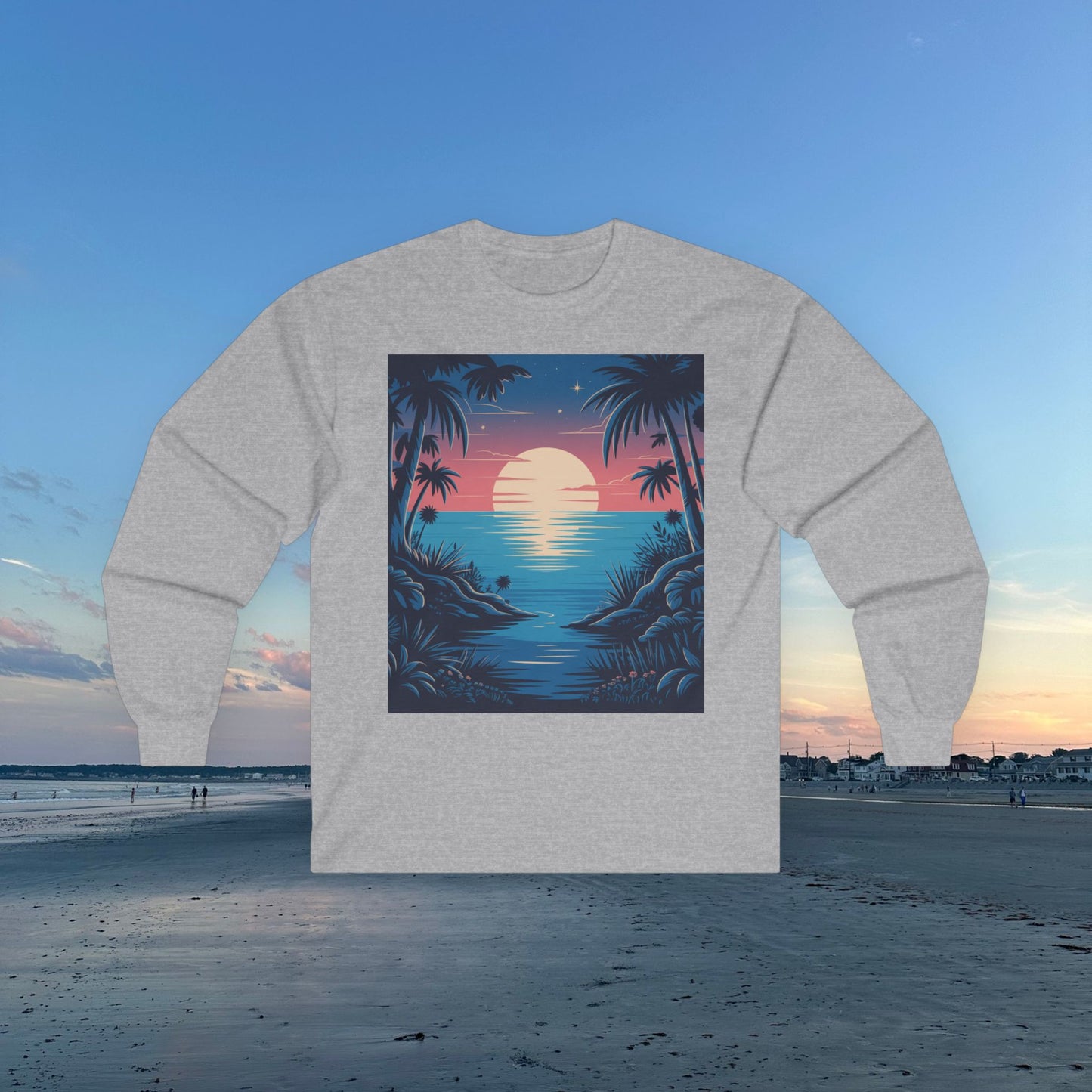 Tropical Sunset Long Sleeve Tee, Unisex Ocean Vibes Shirt, Beachwear for Summer, Relaxing Gift for Ocean Lovers, Nostalgic T-Shirt